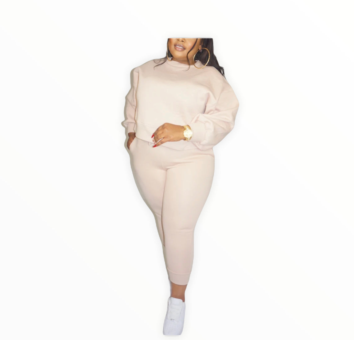 55% cotton 45% Polyester High Rise Jogger Set with Balloon Sleeve detail. Elastic waistband, Adjustable Drawstring, Side Pockets, Thick Elasticized Leg cuffs, and Fleece Lined.  Available in Soft Pink S,M,L,XL 