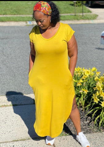 Short Sleeve Midi Dress · Side Splits · Jersey Material · Mustard Color  Available in 1x, 2x, 3x  Model wearing 1x